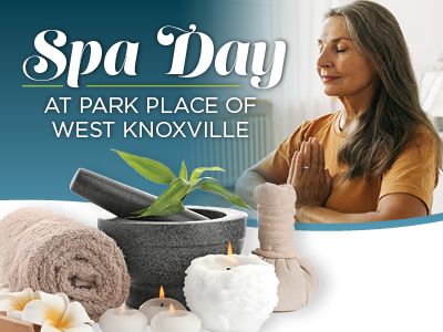 A serene woman with long gray hair meditates near spa items, including a rolled towel, candles, massage stones, and flowers. Text reads: