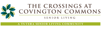 Logo for The Crossings at Covington Commons Senior Living, featuring a green and blue leaf design and the tagline 