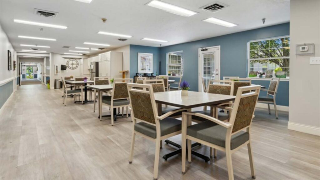 A bright, modern dining area with several square tables and chairs, light wood flooring, blue accent wall, large windows letting in natural light, and decorative plants on some tables.