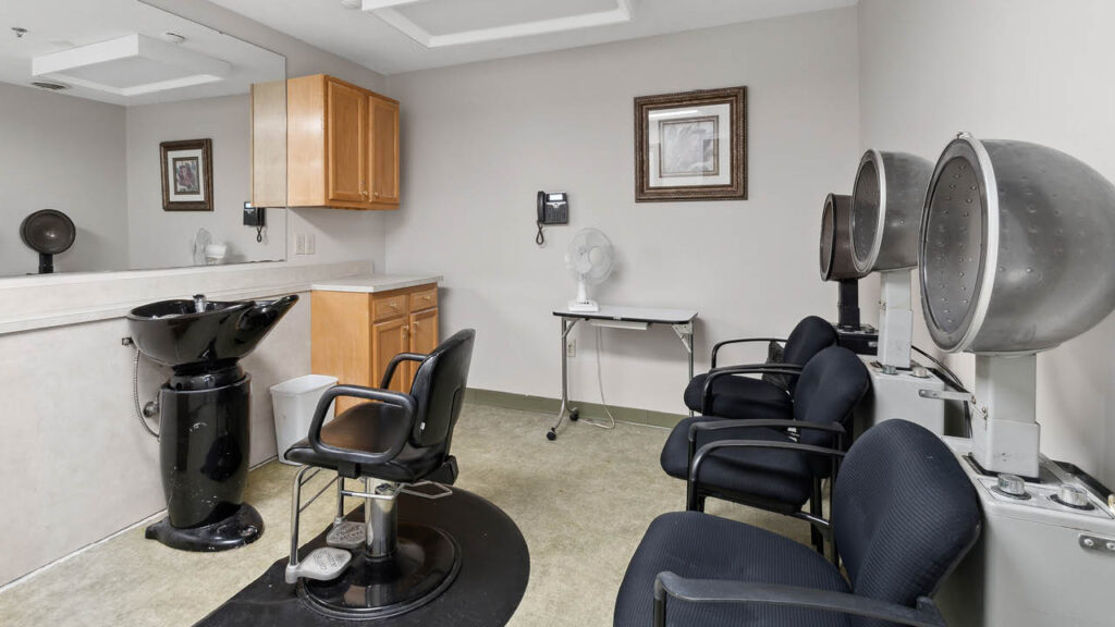 A small salon room with a black washing station, styling chair, two hair dryers on stands, three waiting chairs, light wood cabinets, a wall mirror, and a framed picture on the wall.