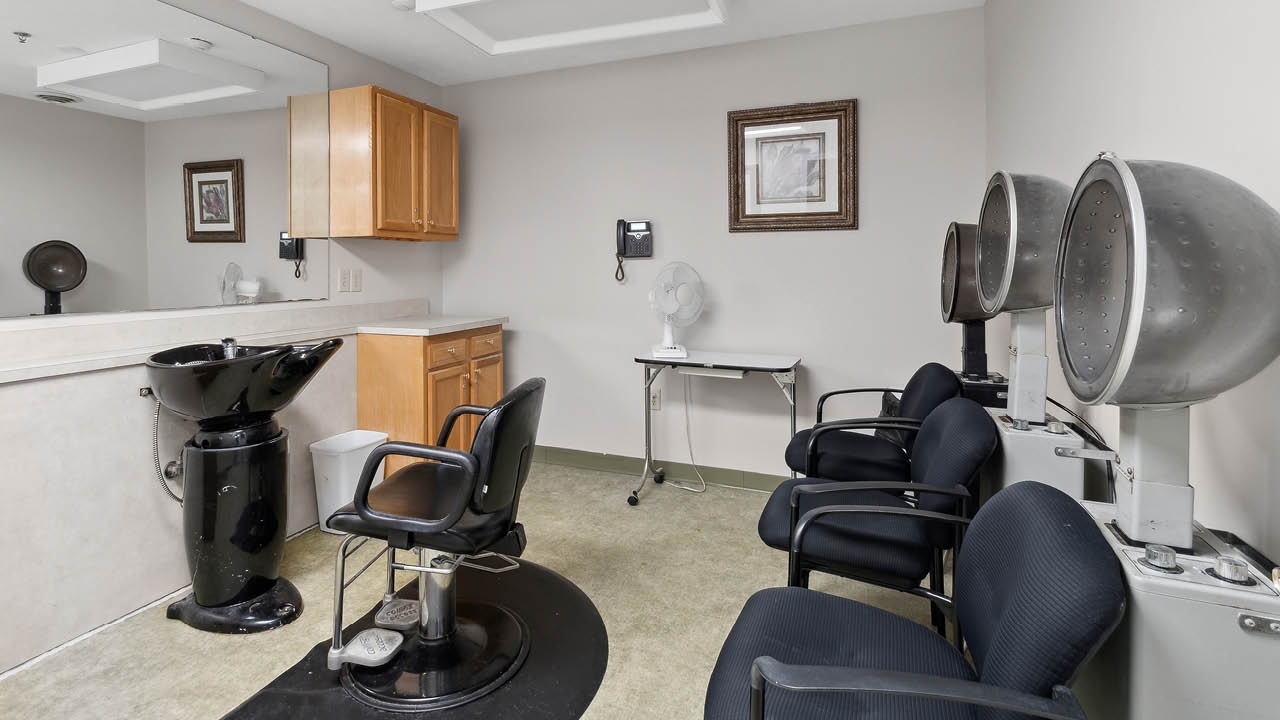 A small salon room with a black washing station, styling chair, two hair dryers on stands, three waiting chairs, light wood cabinets, a wall mirror, and a framed picture on the wall.