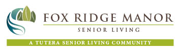 Logo for Fox Ridge Manor Senior Living, featuring stylized green leaves and a blue wave. Text reads 