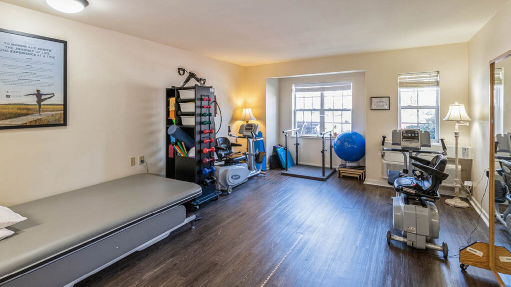 A well-lit physical therapy room with a treatment table, exercise equipment, weight rack, stationary bikes, resistance bands, a balance ball, mirrors, lamps, and two large windows letting in natural light.