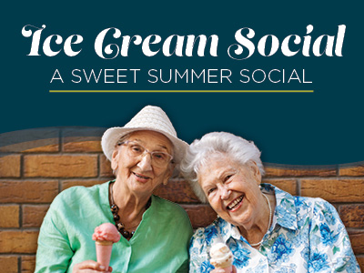 Two smiling elderly women enjoy ice cream cones together in front of a brick wall. Text above them reads,