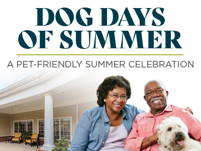 An older couple smiles while sitting outside a house, holding a small white dog. Text above them reads,