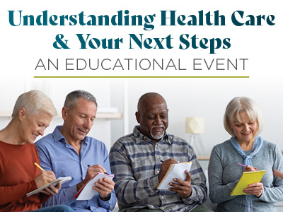 Four older adults sit in a row, smiling and taking notes on notepads. Above them, text reads: