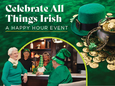A festive event poster with the text “Celebrate All Things Irish: A Happy Hour Event.” It features people in green attire smiling at a bar and a table with a leprechaun hat, shamrocks, and a pot of gold coins.
