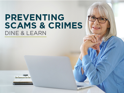 Smiling older woman with gray hair and glasses sits at a desk with a laptop and notepad. Text reads: