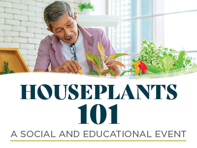 An older man cares for houseplants at a table. Text reads,