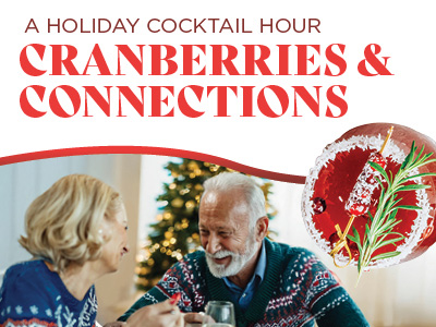 An older couple in festive sweaters enjoying drinks together in front of a Christmas tree, with a festive cranberry cocktail photo and the text “A Holiday Cocktail Hour Cranberries & Connections.”.