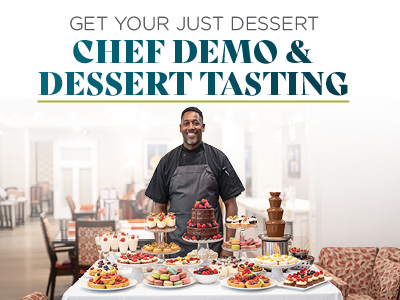 A smiling chef stands behind a table filled with various desserts, including cupcakes, macarons, cakes, and a chocolate fountain. Text above reads,
