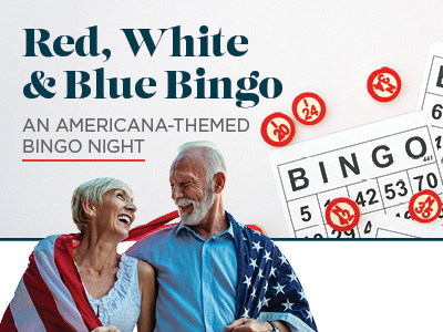 An older couple, smiling and draped in an American flag, stands in front of bingo cards and red bingo chips. Text reads,