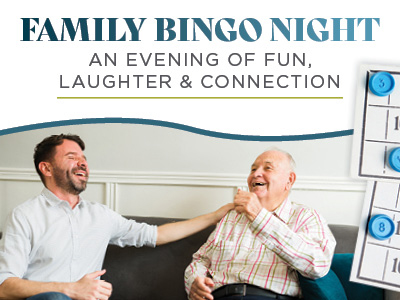 Two men, one younger and one older, sit on a couch laughing together. Text above them reads "Family Bingo Night: An evening of fun, laughter & connection." Bingo cards are partially visible on the right.