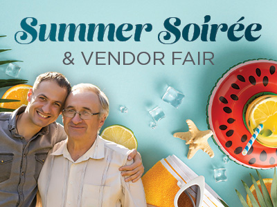 Two smiling men pose together with summer-themed items like lemon slices, ice cubes, a beach towel, and a watermelon float beside them. Text above reads,