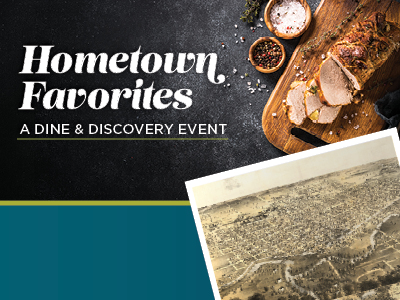 Sliced cooked meat on a wooden board, spices, and an old aerial photo appear above the text
