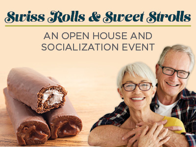 Two Swiss rolls on a wooden surface. Beside them, an older couple smiles, embracing. Text reads: