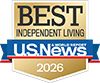 Gold badge with the text "Best Independent Living" above a blue U.S. News & World Report banner and the year "2026" at the bottom.