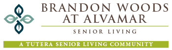 Logo for Brandon Woods at Alvamar Senior Living, featuring a stylized leaf design on the left and the text 