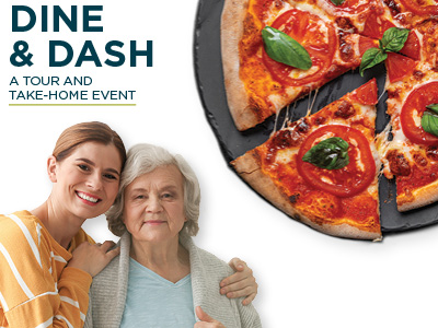 A young woman and an older woman smiling together beside a round pizza topped with tomato, basil, and cheese. Text reads: