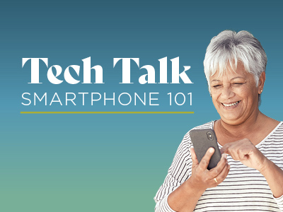 Smiling older woman using a smartphone, with text beside her that reads