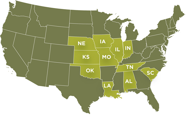 Find your community A map of the United States highlighting the following states: Nebraska, Kansas, Oklahoma, Missouri, Iowa, Illinois, Indiana, Tennessee, Louisiana, Alabama, and South Carolina.