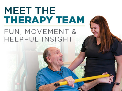 A smiling therapist stands beside an older man holding a yellow therapy bar. Text reads: