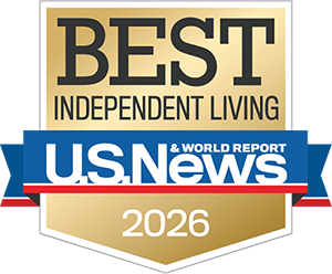 Gold badge with the words โBest Independent Livingโ above a blue, red, and white ribbon reading โU.S. News & World Report 2026.โ.