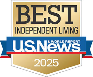 A gold badge displaying "Best Senior Living" above the U.S. News & World Report logo, with a blue and red ribbon and "2025" at the bottom.