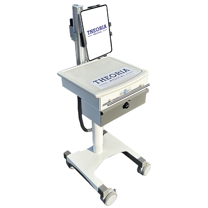 A mobile medical cart with wheels, a mounted tablet displaying "THEORIA MEDICAL," and a drawer below a flat surface, designed for healthcare use.