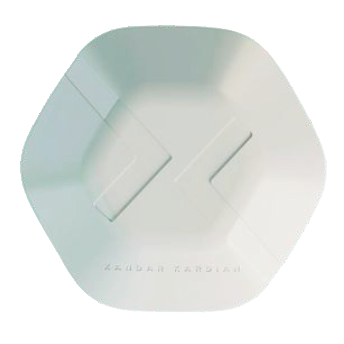 A white, hexagon-shaped object with subtle geometric patterns and the text โRadar Bandaiโ engraved near one edge, viewed from above on a plain background.