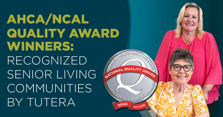 Two smiling women, one in a pink top standing and one in a white floral blouse seated, appear next to a National Quality Award silver medallion, with text celebrating AHCA/NCAL Quality Award winners by Tutera.