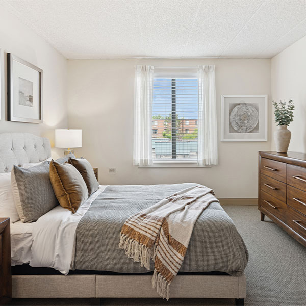 A cozy, modern bedroom with a made bed, brown and white pillows, a striped throw, wooden dresser, framed art, a lamp, and sunlight coming through a window with white curtains.