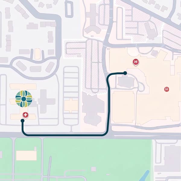 A stylized map shows a walking route from a clinic (red cross) to a hospital (red H), passing through buildings and streets, with the path marked in blue.