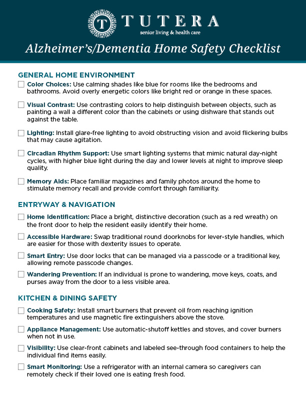 Alzheimerโs/Dementia Home Safety Checklist with sections for general home, entry, kitchen, and medication safety. Includes checkboxes, tips for lighting, organization, appliances, and supervision for safe living. TUTERA logo at top.