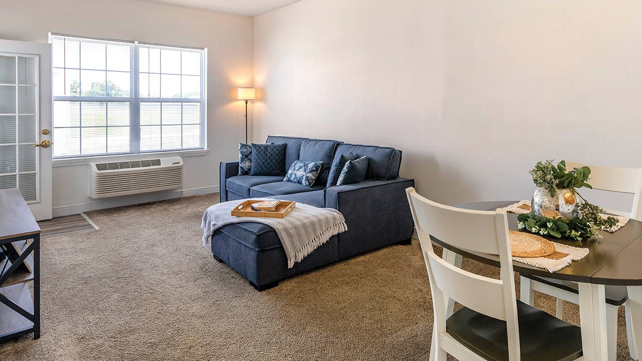Bright living room with a blue sofa, lamp, and small dining table with chairs. Large window lets in natural light. White walls and brown carpet create a cozy atmosphere.